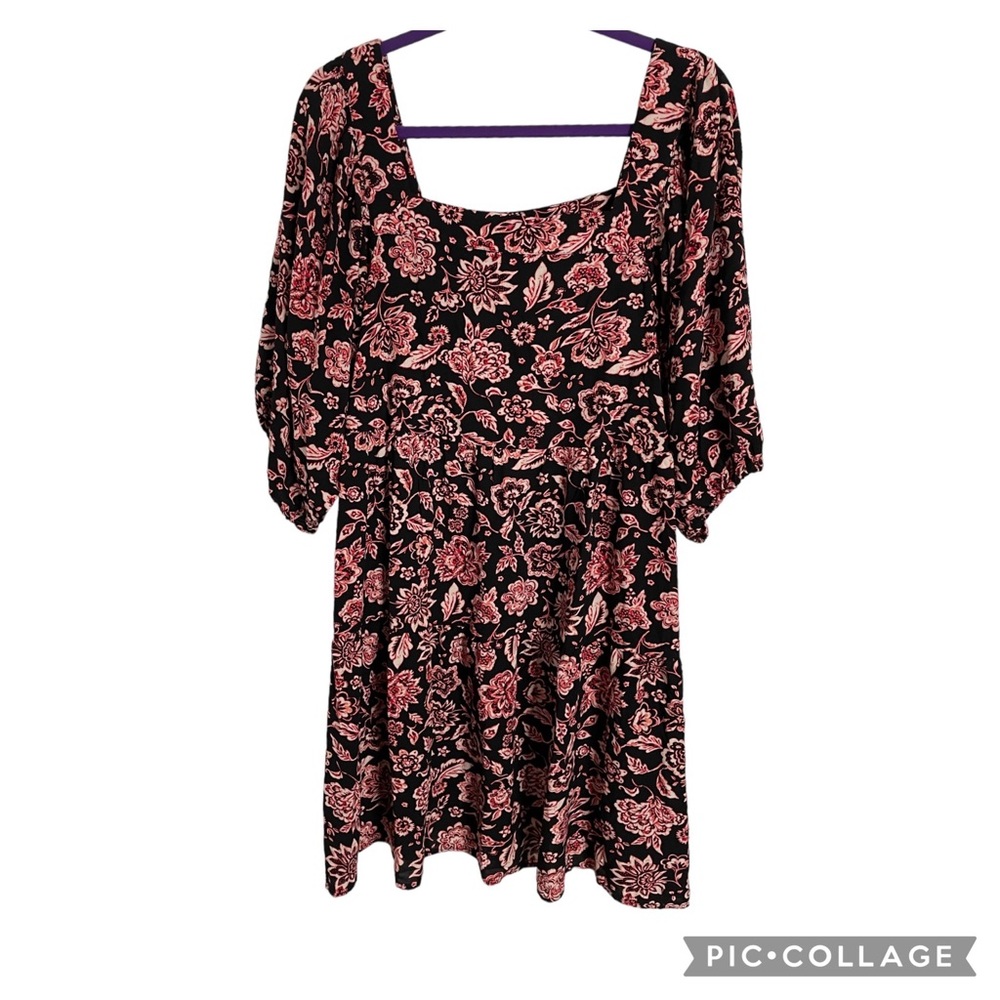 Maurices Dress Floral 100% Rayon Dress Lined  Red Black White Square neck Sz 1X